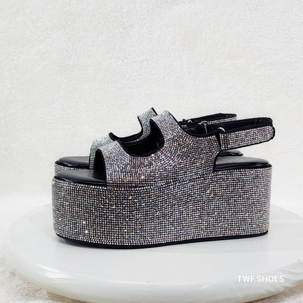 OH YEAH 3" Flatform Platform Silver Rhinestone Sandals Colorful Sparkle